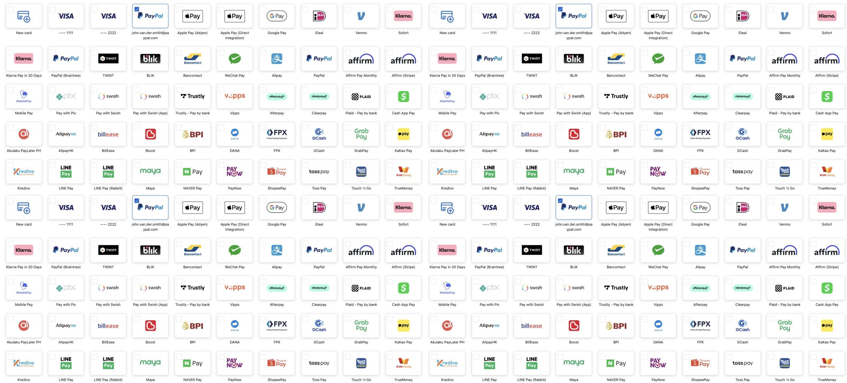 A wall of payment-method logos, row after row: Visa, PayPal, Apple Pay, Google Pay, iDeal, Venmo, Klarna, Bancontact, Alipay, Affirm, Trustly, BLIK, LINE Pay and dozens more, each in its own bordered tile with its name beneath.