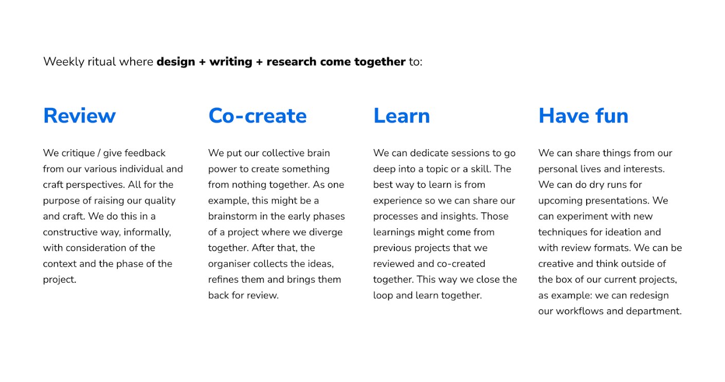 A slide reading: weekly ritual where design plus writing plus research come together to - then four columns. Review: critique and feedback from each craft&rsquo;s perspective, constructively and informally. Co-create: collective brain power to make something from nothing, a brainstorm early in a project. Learn: sessions that go deep on a topic or a skill, drawn from experience. Have fun: dry runs, new ideation techniques, redesigning our own workflows.