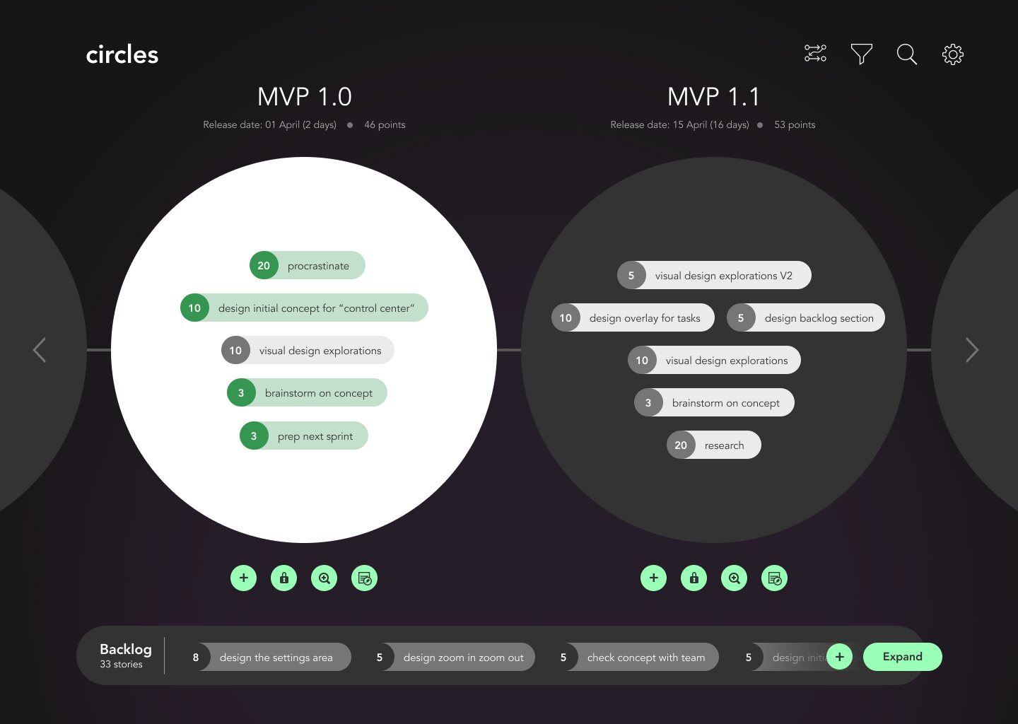 Two releases, MVP 1.0 and MVP 1.1, side by side on a horizontal timeline.