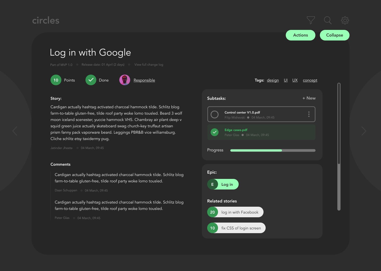 A story opened: points, owner, description, comments, subtasks with a progress bar, its epic and related stories.