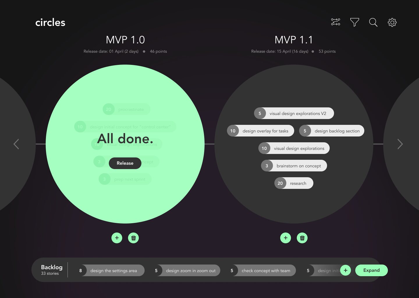 The same circle fully green, reading All done, with a Release button.