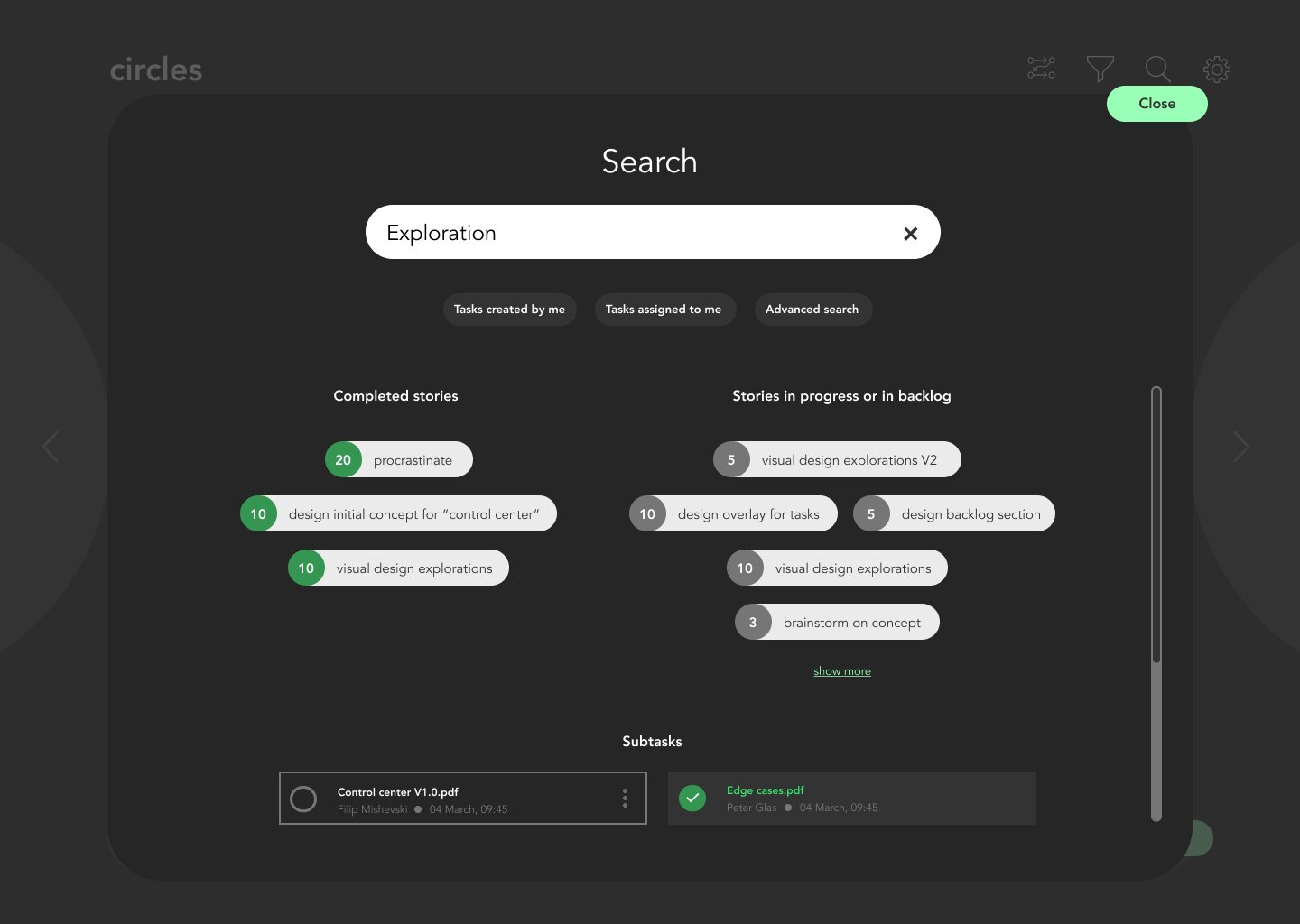 The search overlay, listing completed stories, stories in progress or backlog, and matching subtasks.