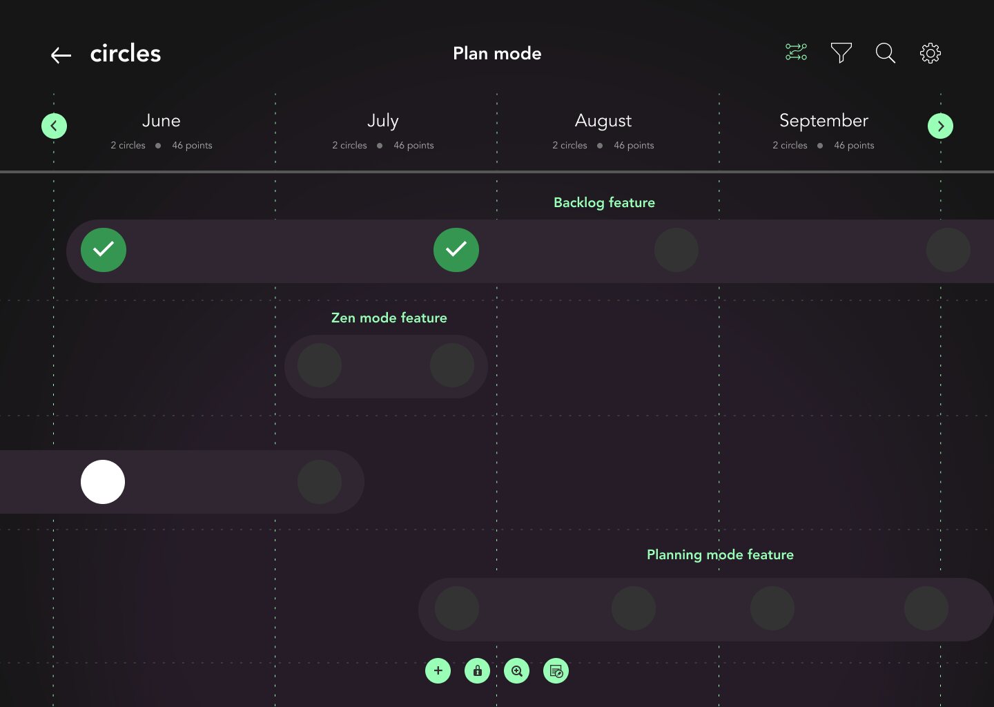 The same plan with two circles checked off in green, showing completed work in place on the timeline.