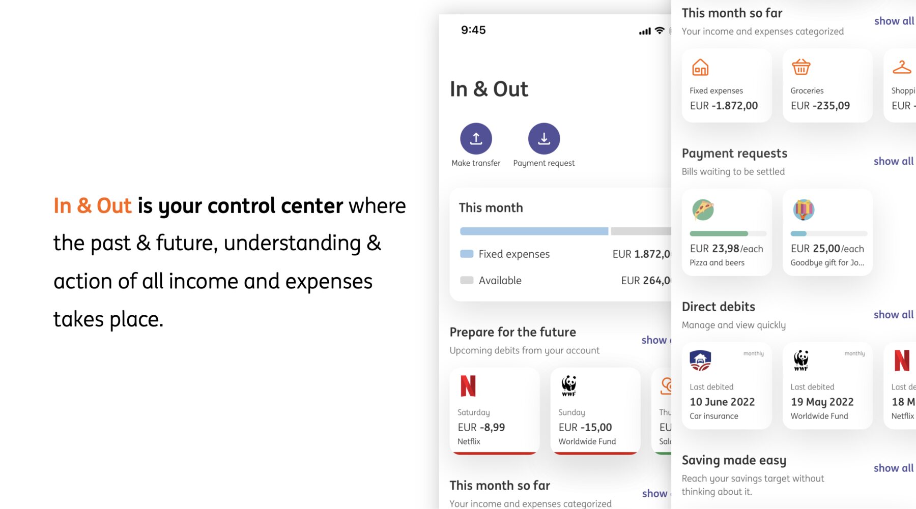 A proposal slide: In and Out is your control center, where the past and future, understanding and action of all income and expenses takes place. Beside it, the screen - transfer and payment request buttons, this month&rsquo;s fixed expenses against what is available, upcoming debits for Netflix and a worldwide fund, spending categorised into fixed expenses, groceries and shopping, payment requests waiting to be settled, direct debits, and a saving tool.