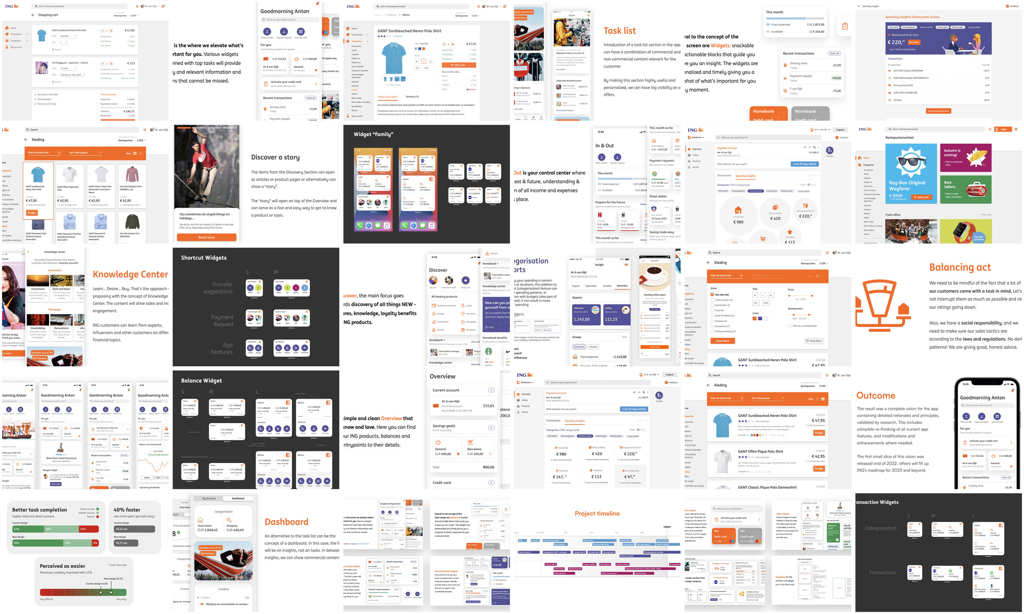 A wall of around thirty panels from four years of work at ING: app and web screens for the shopping cart and the loyalty shop, the Start screen with its widgets, spending insights by category, a knowledge centre, widget families at three sizes, a project timeline, and slides headed Task list, Discover a story, Knowledge Center, Balancing act, Dashboard and Outcome.