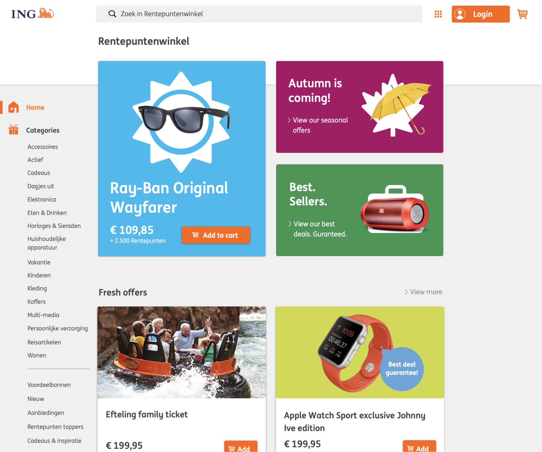 The Rentepuntenwinkel home page: a blue Ray-Ban Wayfarer hero at 109,95 euro plus 2.500 points, promotional panels for seasonal offers and best sellers, a category list down the left, and a Fresh offers row with an Efteling family ticket and an Apple Watch.