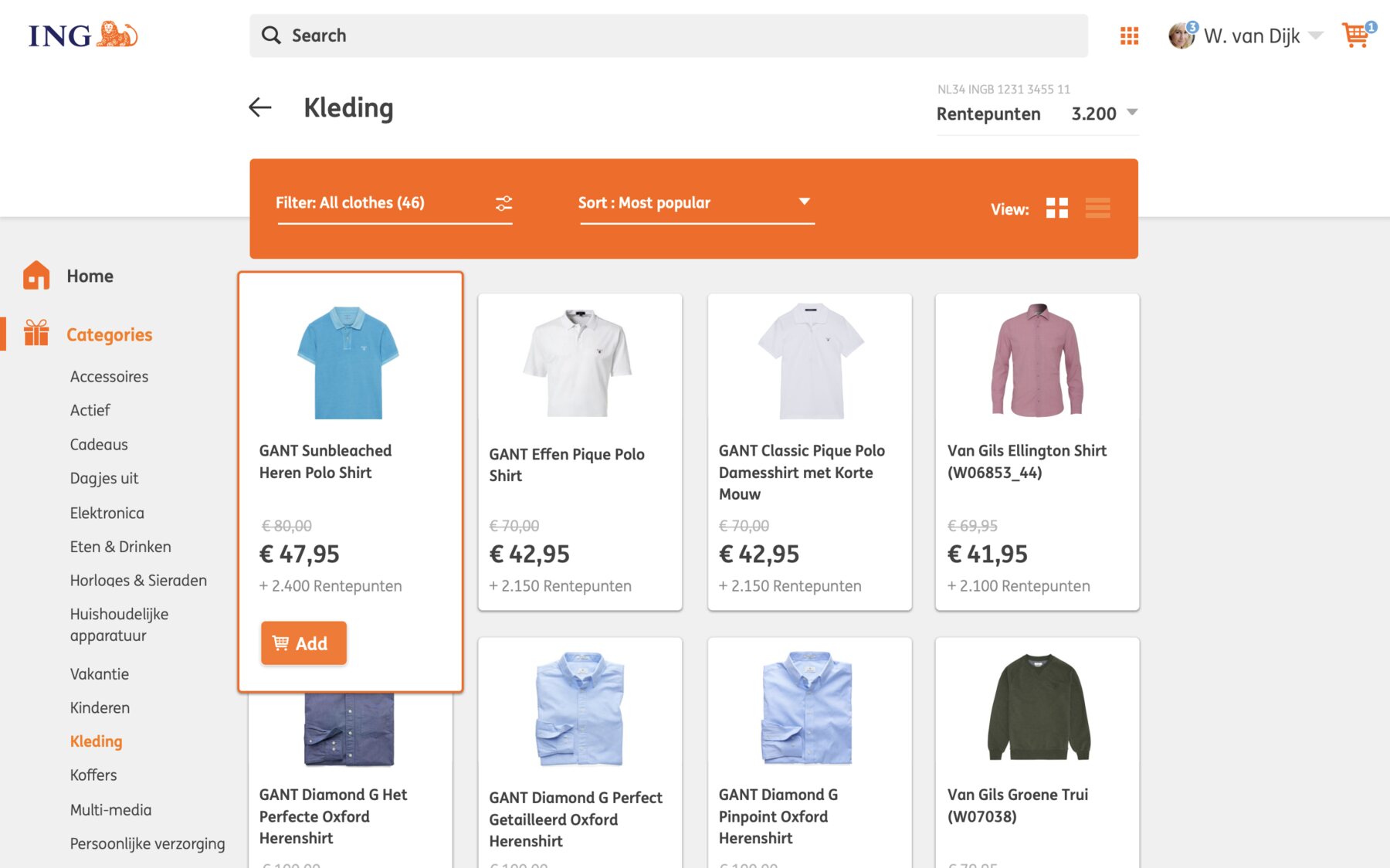 The Kleding category in grid view, eight product cards of polo shirts and shirts, each with a photograph, name, struck-through original price, the points price, and an Add button on the card being hovered.
