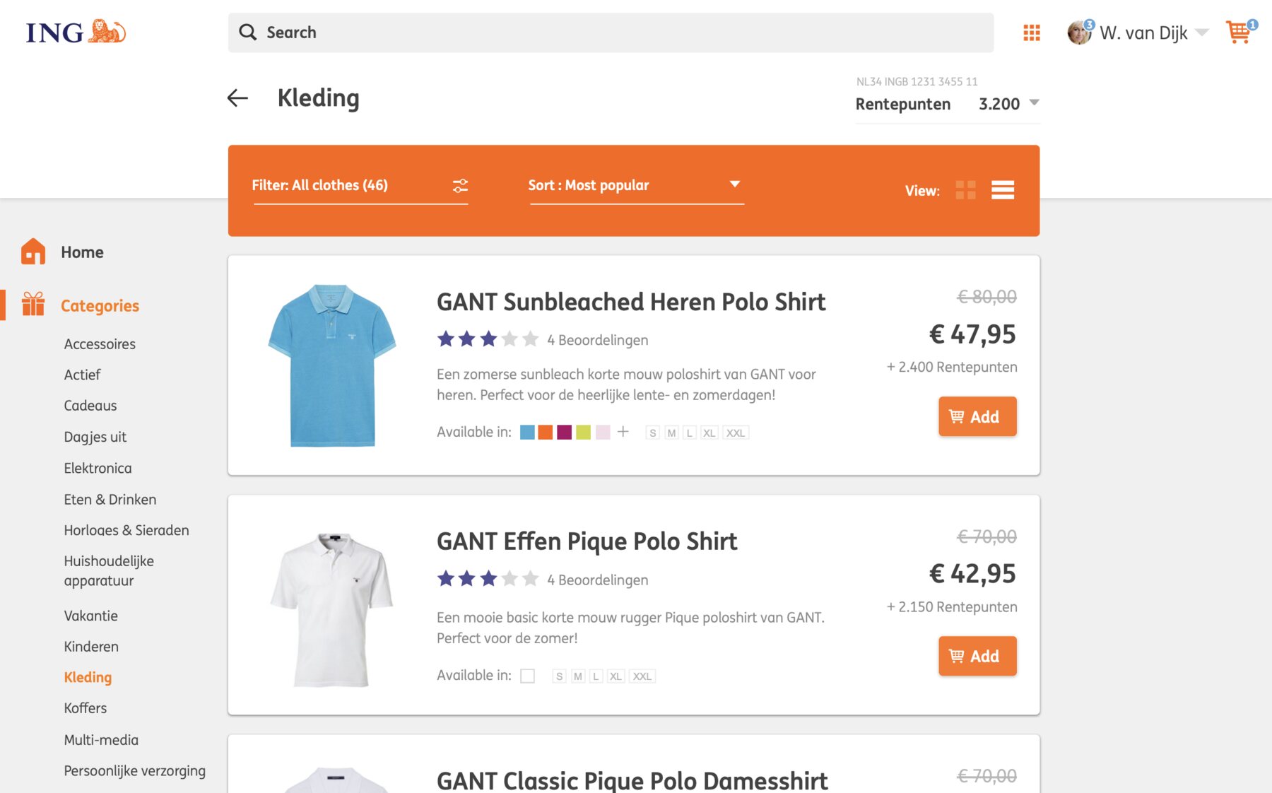 The same Kleding category in list view: each product on a full-width row with its photograph, star rating, description, available colours and sizes, price and points, and an Add button.