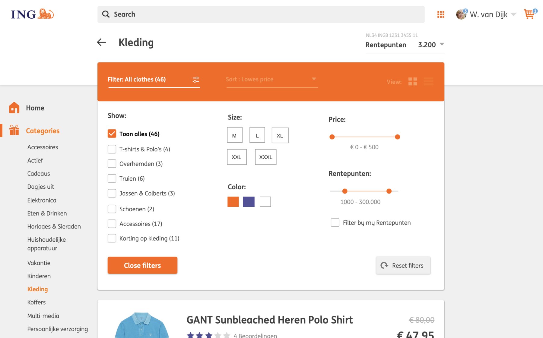 The filter panel open over the category: checkboxes for product types with counts, size and colour swatches, a price slider from nought to 500 euro, a points slider from 1.000 to 300.000, and a filter by my points checkbox.