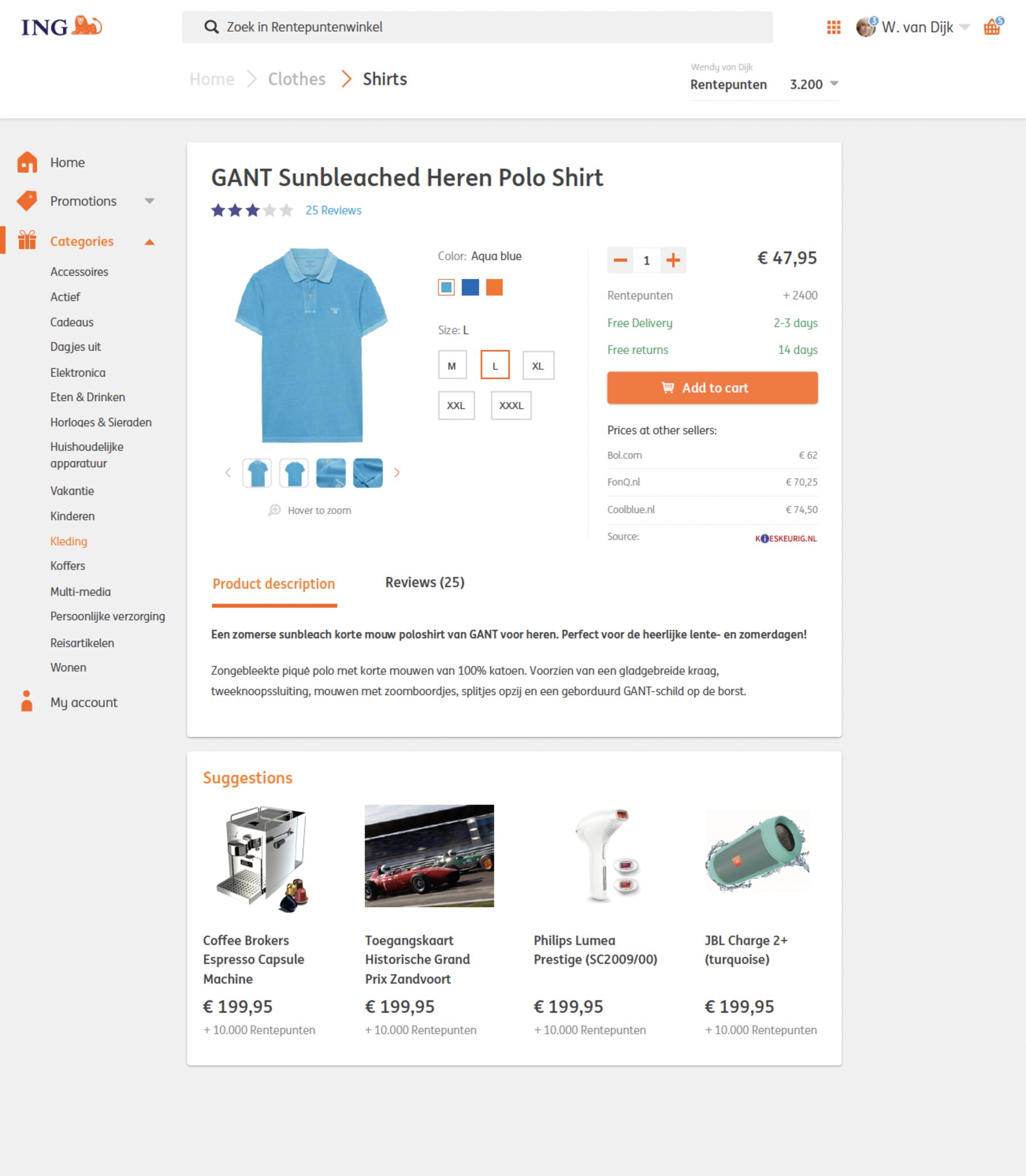 The product page for the GANT Sunbleached polo shirt: colour and size pickers, quantity, the price with points beneath it, free delivery and returns, a comparison of prices at Bol.com, FonQ and Coolblue, a description tab, and a row of suggestions.