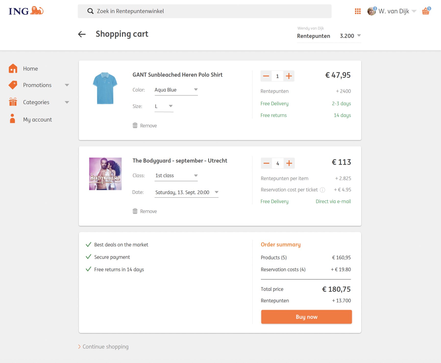 The shopping cart with two items - a polo shirt and four theatre tickets - each with its own options, and an order summary totalling 180,75 euro plus 13.700 points, with a Buy now button.