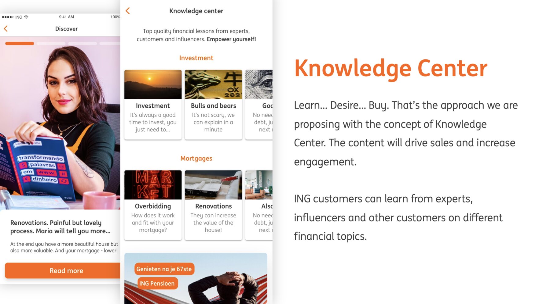 A slide headed Knowledge Center showing two phone screens: a Discover story about renovations, and a knowledge centre listing financial lessons grouped under Investment and Mortgages, each a row of cards. The text describes a learn, desire, buy approach.