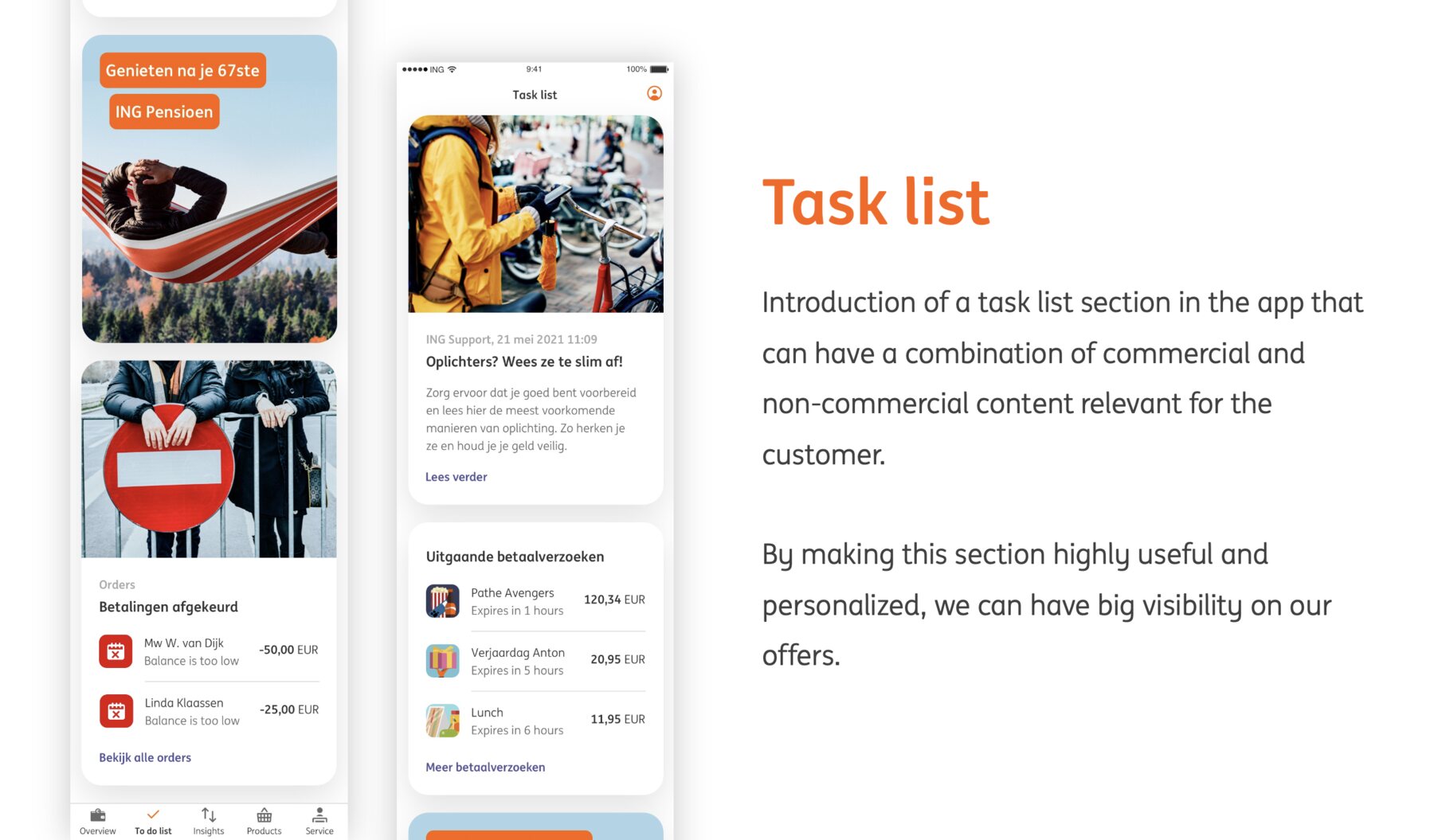 A slide headed Task list showing two phone screens: one with pension and order cards, the other a task list with a support article about recognising fraud and a list of outgoing payment requests with amounts and expiry times.
