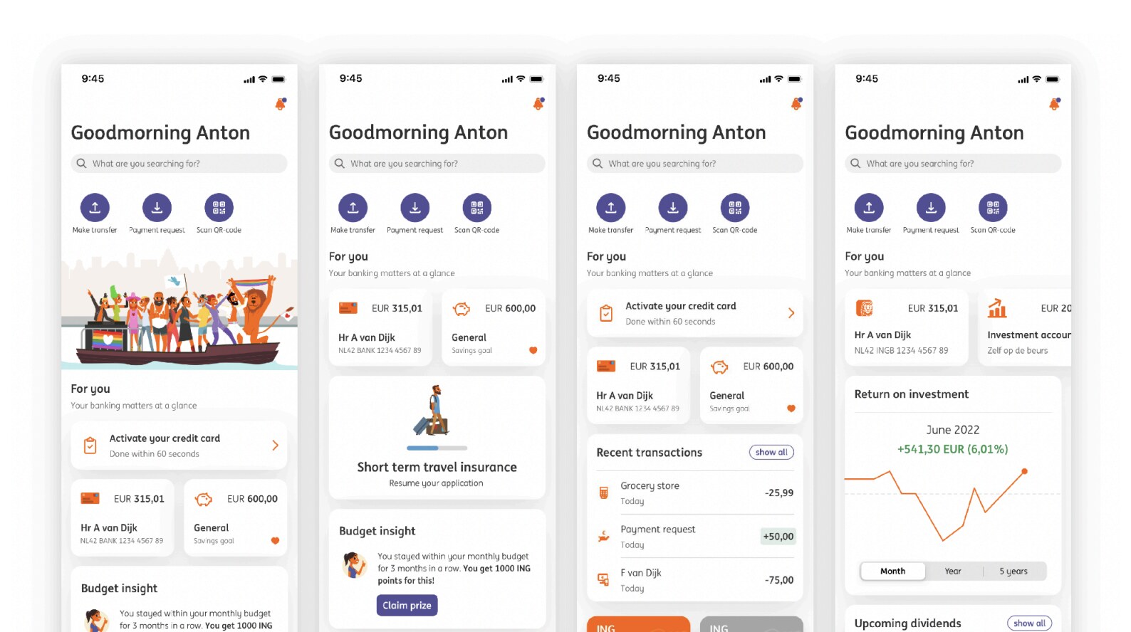 The same four Start screens compared: the first led by a campaign illustration, the second by a travel insurance offer, the third by recent transactions and card management, the fourth by an investment account and its return chart.