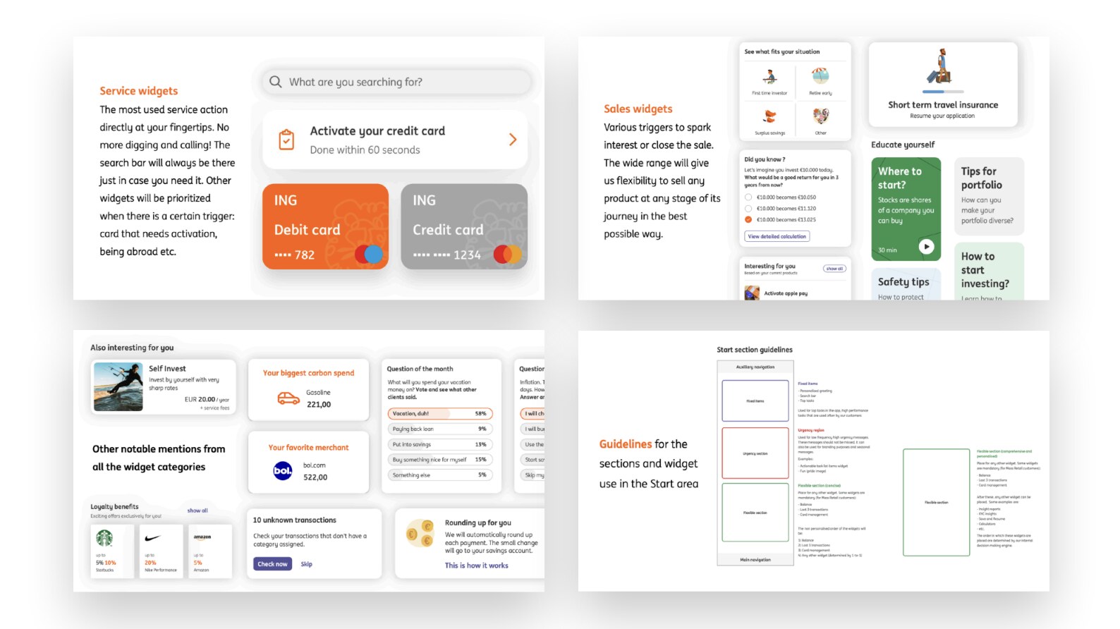 Four more panels: service widgets with a search bar and card activation, sales widgets offering investment and insurance products, a spread of other widgets including loyalty benefits and carbon spend, and a page of layout guidelines for the Start area.