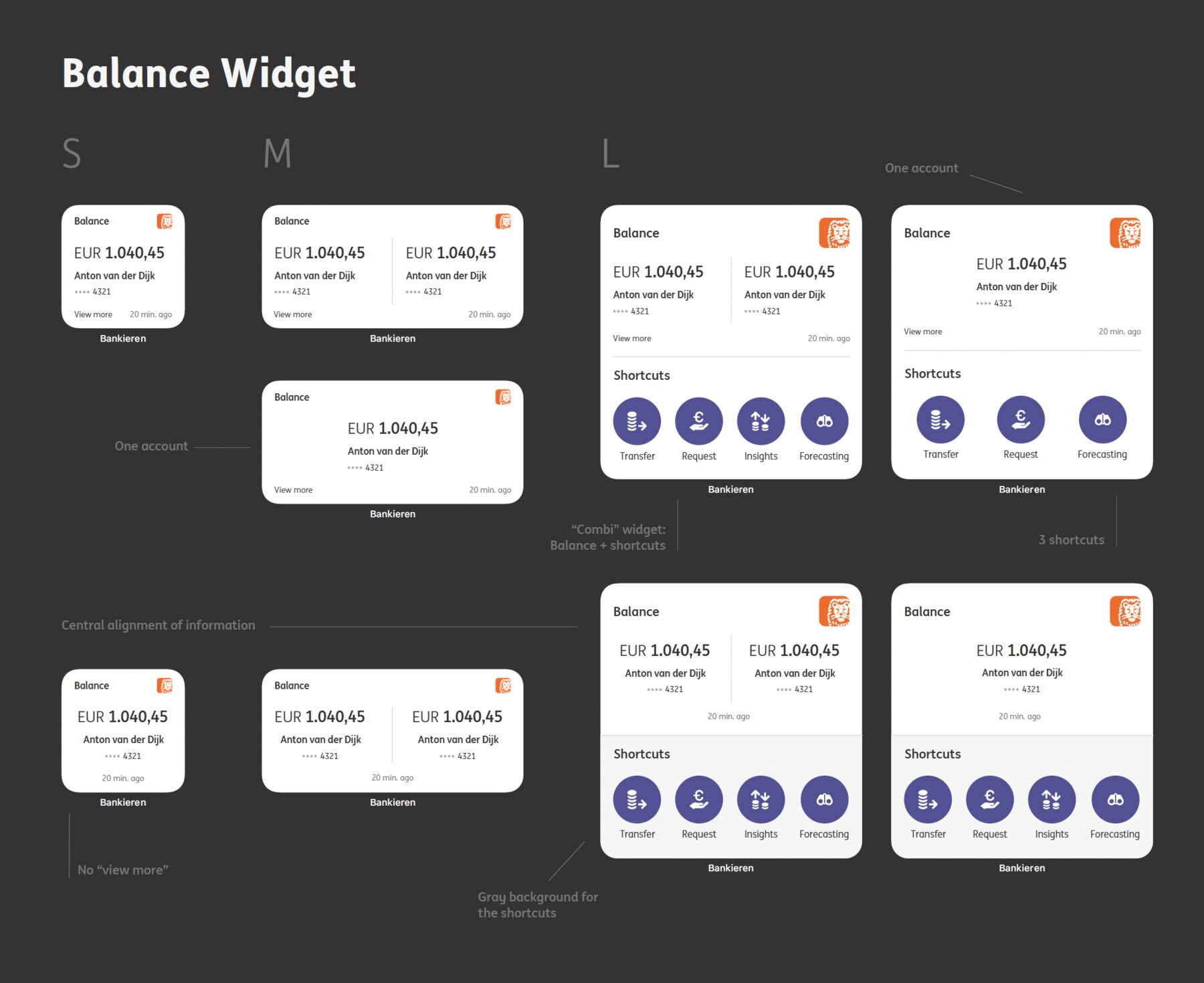 Balance widgets at small, medium and large with annotations: variants for one account or two, a combination widget pairing the balance with three or four shortcut buttons, and versions with the information centred, the view more link dropped, and the shortcuts on a grey ground.