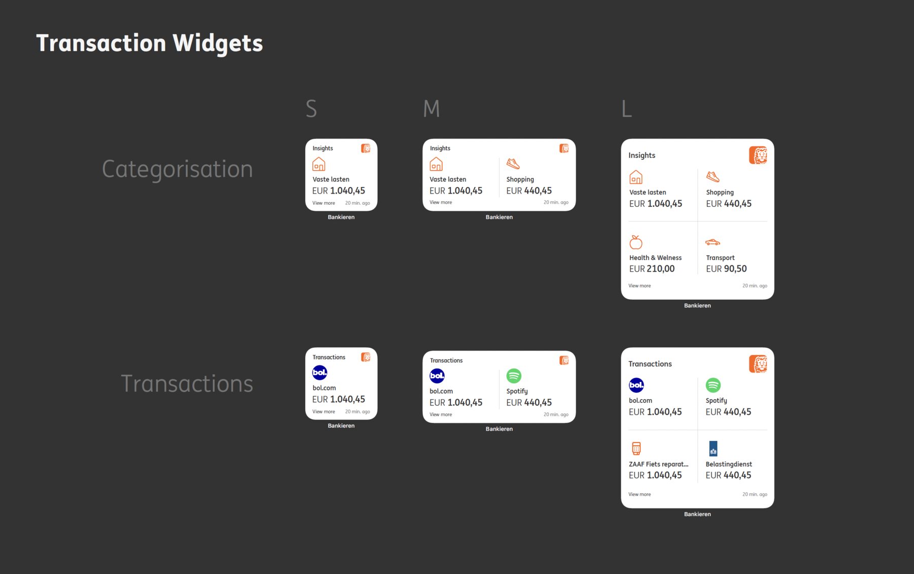 Transaction widgets at small, medium and large. Categorisation shows one, two or four spending categories with their totals; transactions shows one, two or four payees - bol.com, Spotify, a bike repair shop, the tax office - each with an amount.