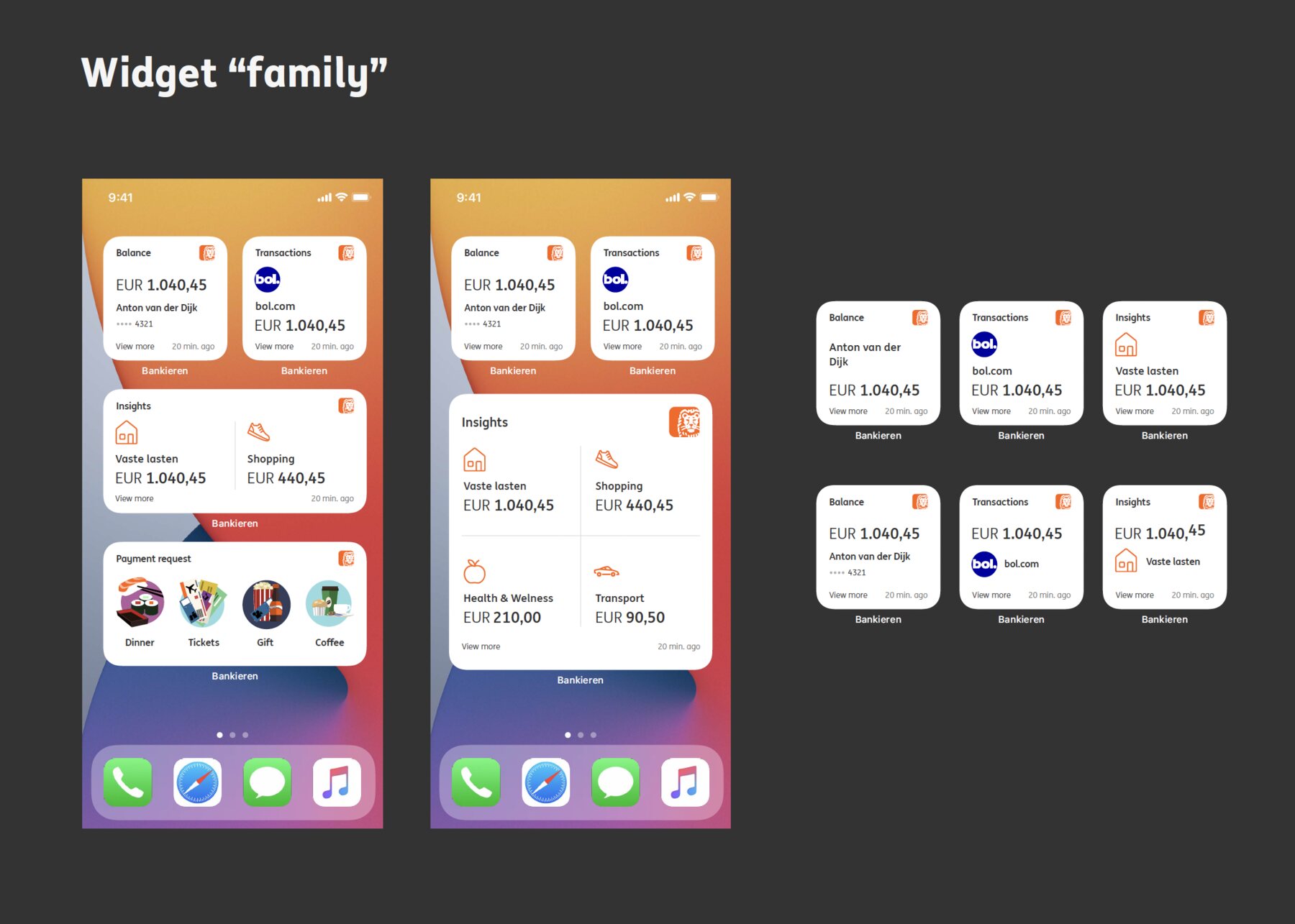 Two iPhone home screens carrying the widgets together - balance and transactions side by side, insights across the full width, and a row of payment request categories - beside a grid of six small and medium variants of the same three widgets.