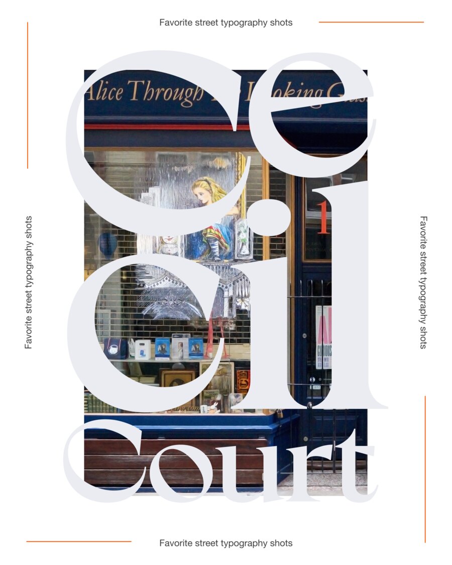 Title card of the carousel: Cecil Court set in large pale serif over a bookshop window, Alice Through the Looking-Glass lettered in gold on a dark blue fascia behind it.