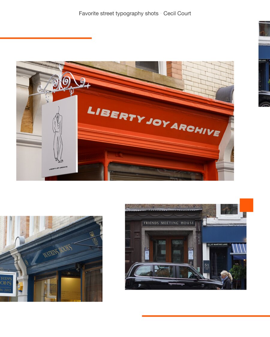 Liberty Joy Archive lettered in heavy white capitals across a bright orange fascia, with a small illustrated card hanging beneath it, and signs for Watkins Books and the Friends Meeting House further along the court.