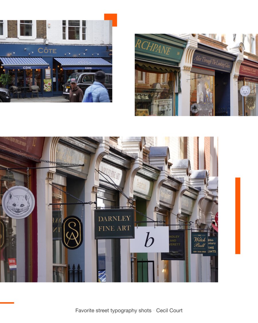 A blue C&ocirc;te awning, the Marchpane shopfront with Alice Through the Looking-Glass in gold across the glass, and a row of hanging signs including Darnley Fine Art and a rabbit emblem.