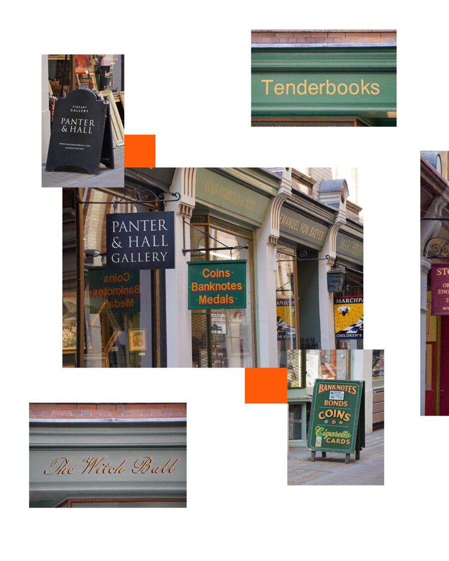 Panter & Hall Gallery in cut capitals, Tenderbooks in gold on green, a stack of yellow and green signs reading coins, banknotes and medals, and The Witch Ball written in gold script on a green shutter.