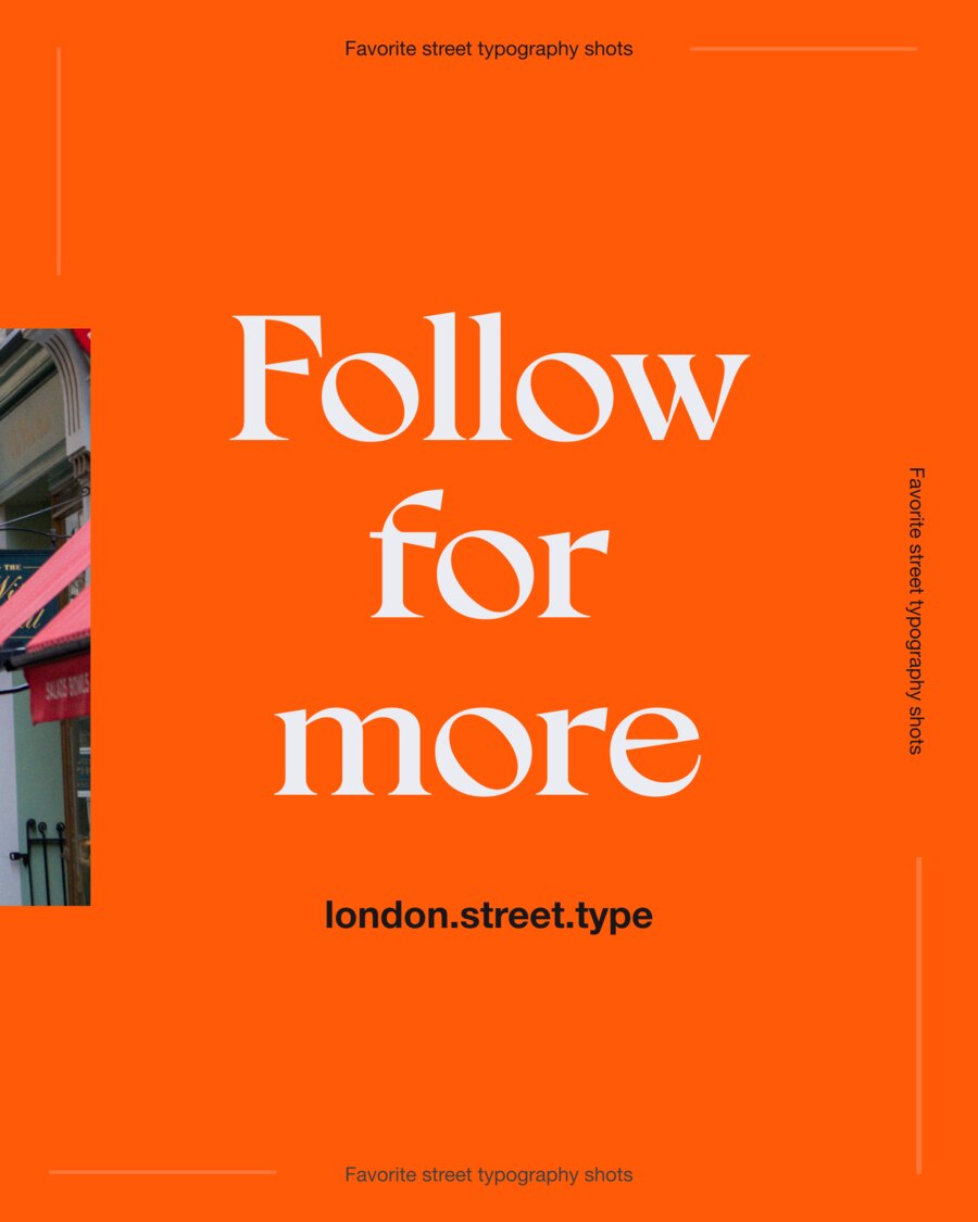 End card of the carousel: Follow for more set in large white serif on orange, with the handle london.street.type beneath it.