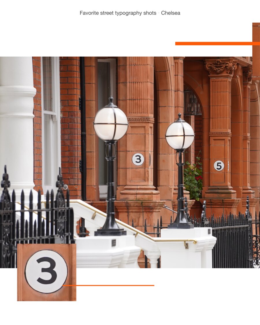 Two white globe lamps on black posts outside a terracotta mansion block, circular enamel numbers 3 and 5 set into the piers, with a close-up of the number 3 inset below.