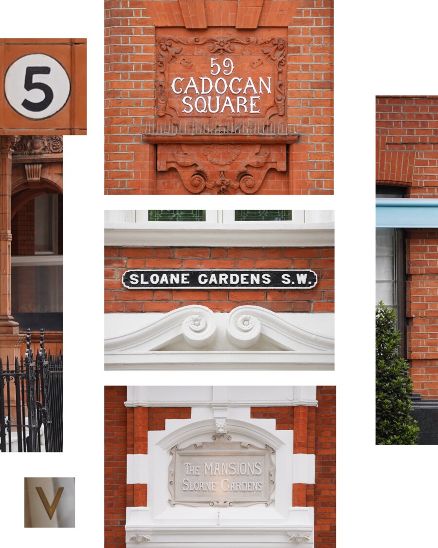 Four pieces of Chelsea address lettering: a circled number 5, 59 Cadogan Square in white relief on red brick, a cast Sloane Gardens S.W. street plate, and a carved panel reading The Mansions, Sloane Gardens.