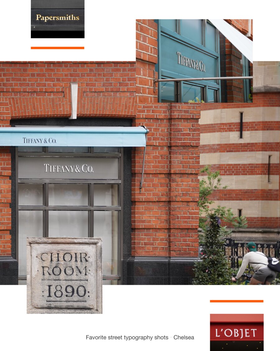 A gilt Papersmiths fascia, Tiffany & Co. on a pale blue awning and etched into the window beneath it, a carved stone block reading Choir Room 1890, and a red L&rsquo;Objet sign.