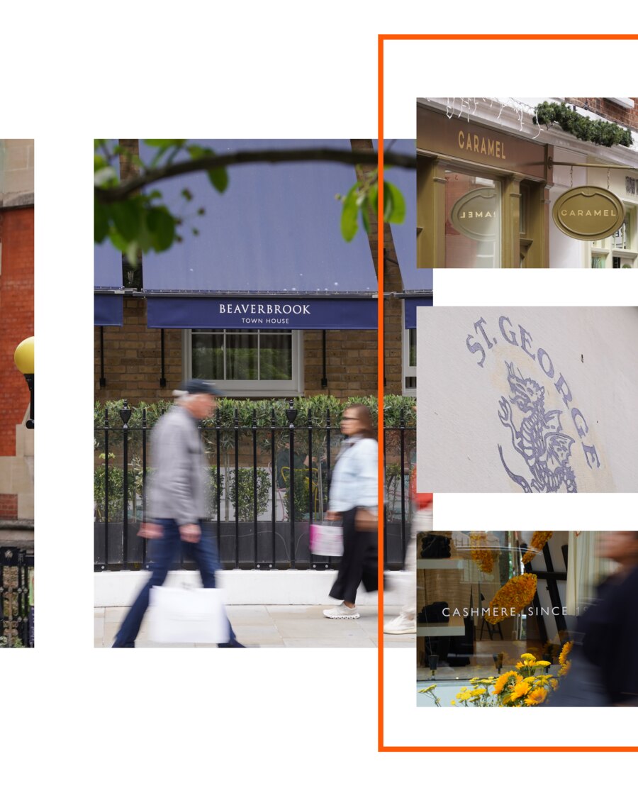 Four Chelsea shopfronts: Beaverbrook Town House lettered on a navy awning with people passing in front, a gold Caramel fascia with an oval hanging sign, a hand-painted St George and the dragon on white render, and a window lettered Cashmere, since nineteen-something, behind marigolds.