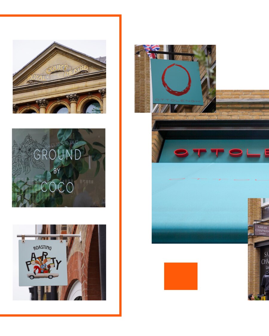 The Royal Court Theatre pediment lettered in gold capitals, a window reading Ground by Coco, a Roasting Party sign with figures riding a car, and Ottolenghi&rsquo;s teal sign with a red brushed ring above red letters and a turquoise awning.