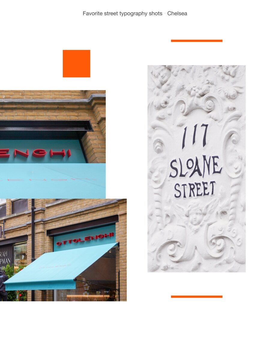 Ottolenghi&rsquo;s red letters above a turquoise awning, beside a deeply moulded white plaster panel lettered 117 Sloane Street in narrow hand-cut capitals.
