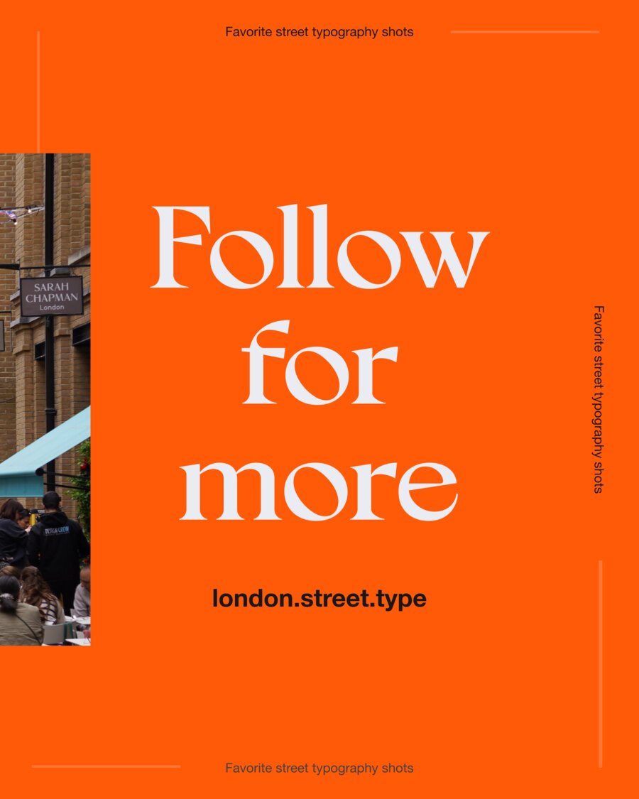 End card of the carousel: Follow for more set in large white serif on orange, with the handle london.street.type beneath it.