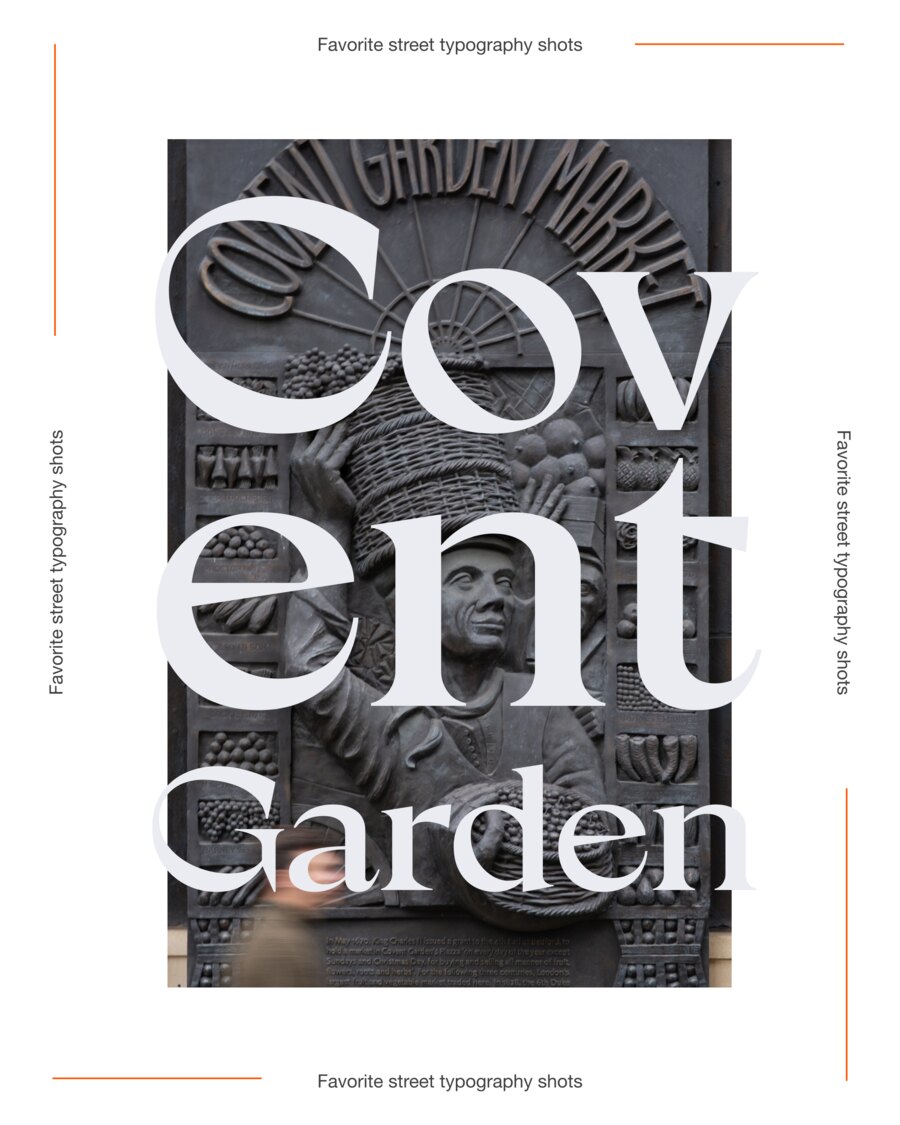 Title card of the carousel: Covent Garden set in large pale serif over a bronze relief of a market porter carrying a loaded basket on his head, Covent Garden Market lettered in an arc above him.