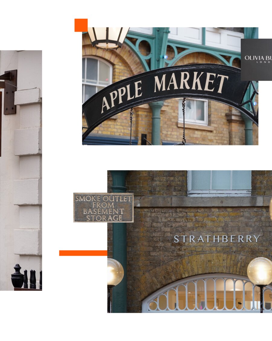 The Apple Market arch lettered in cream on black under the market&rsquo;s green ironwork, a small cast plate reading smoke outlet from basement storage, and Strathberry spelled in thin capitals across yellow brick.