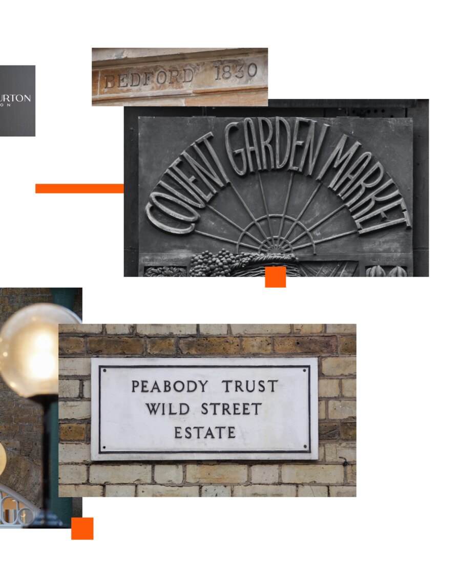 Three cut and cast inscriptions: Bedford 1830 carved into weathered stone, the Covent Garden Market bronze relief with its fan of lettering, and a white plaque reading Peabody Trust Wild Street Estate.