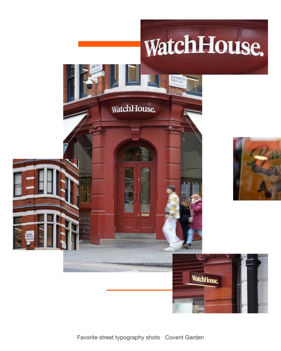 WatchHouse lettered in white serif across the curved fascia of a deep red corner building, with Maiden Lane and Southampton Street WC2 plates on the brick above and a second WatchHouse sign projecting from the wall.