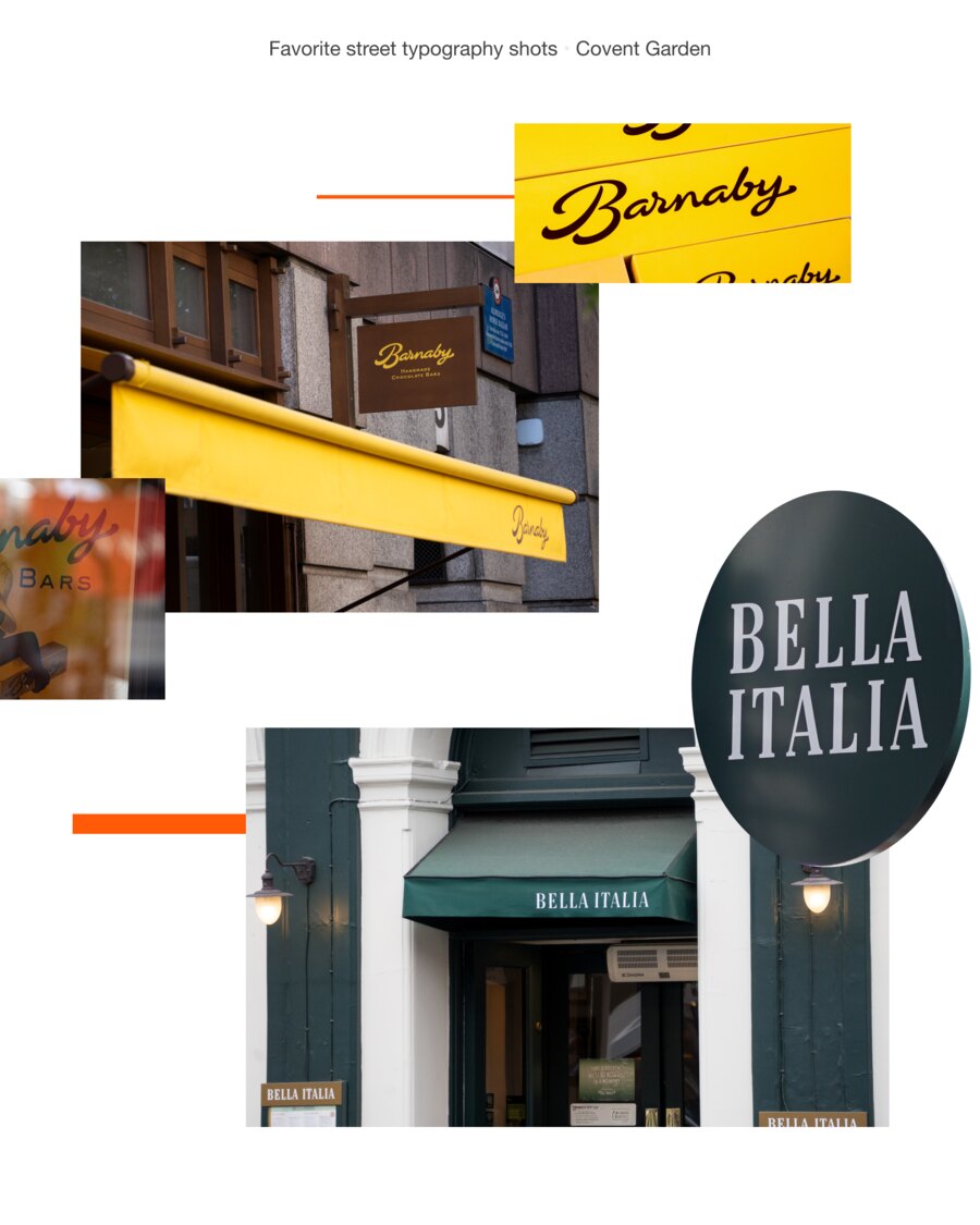 Barnaby handmade chocolate bars: the name in gold script on a brown fascia, again on the edge of a yellow awning, and twice more on the shop window; beside it the dark green oval and awning of Bella Italia.