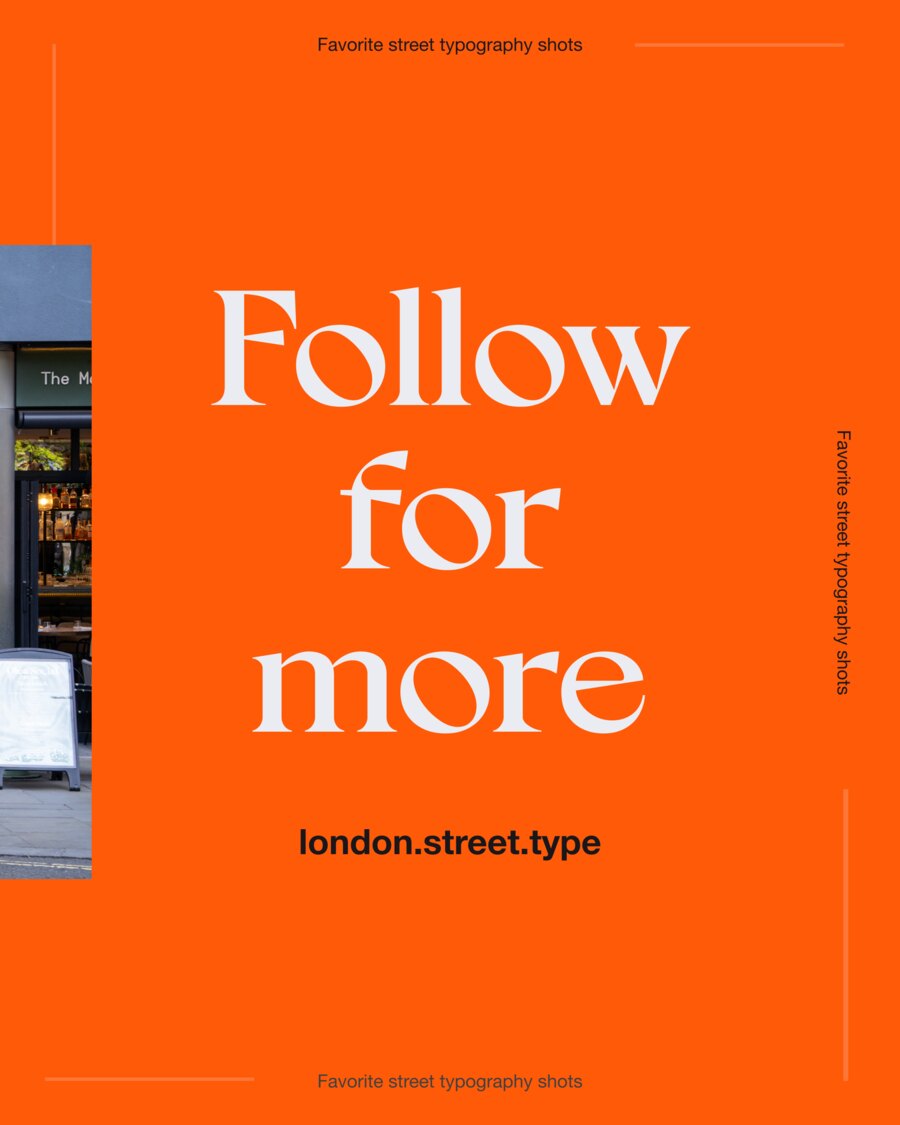 End card of the carousel: Follow for more set in large white serif on orange, with the handle london.street.type beneath it.