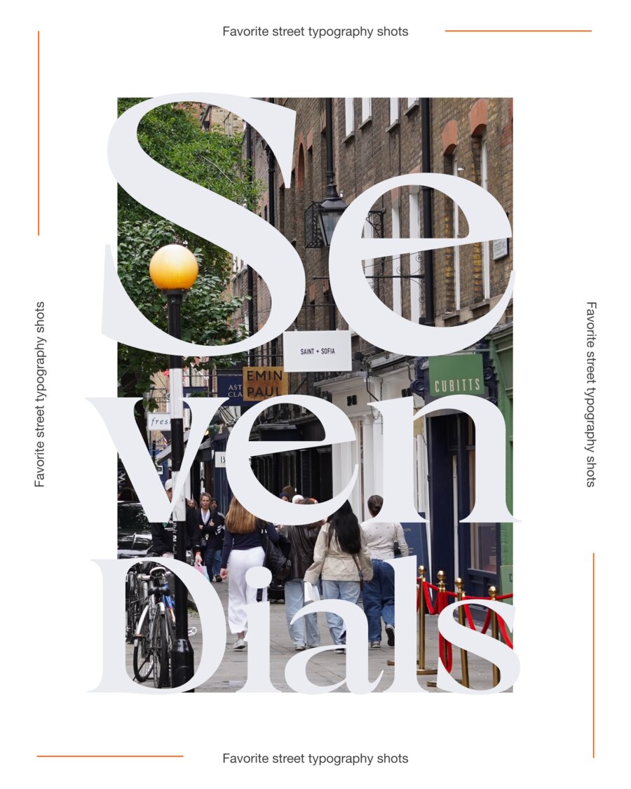 Title card of the carousel: Seven Dials set in large white serif over a photograph of the junction, shopfronts for Saint + Sofia, Emin Paul and Cubitts along the street and a yellow globe lamp in the foreground.