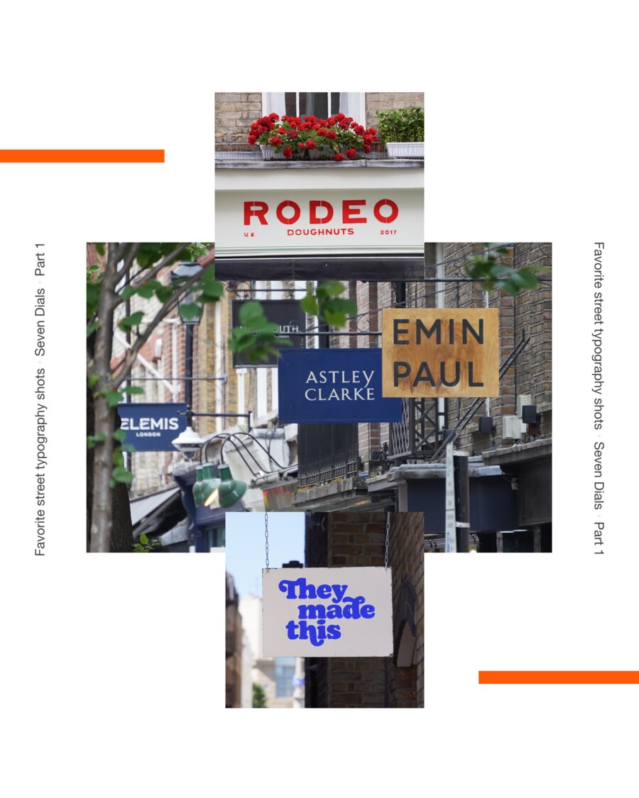 Three shopfronts together: Rodeo Doughnuts lettered in red stencil capitals under a window box of geraniums, a cluster of hanging signs for Elemis, Astley Clarke and Emin Paul, and a sign reading They made this in rounded blue script.