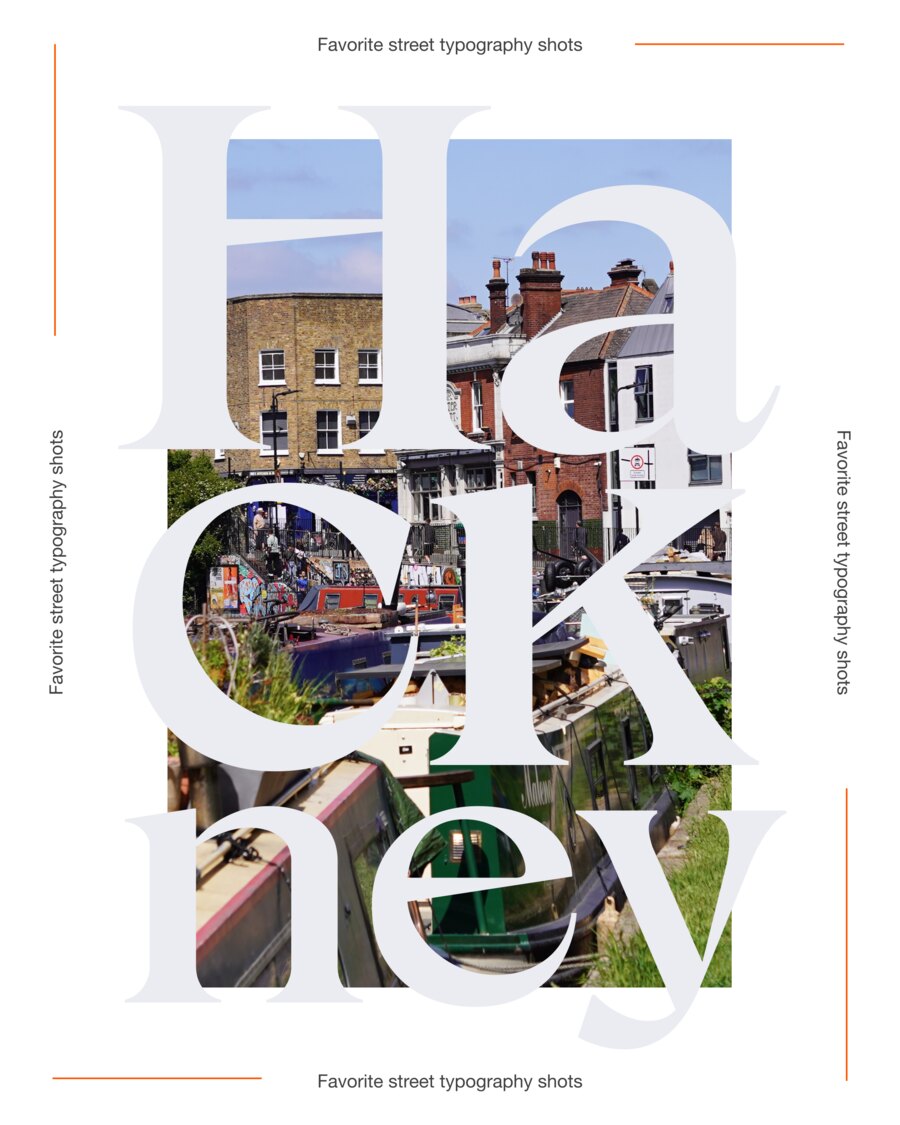 Title card of the carousel: Hackney set in large pale serif over a photograph of the canal, brick terraces and a pub above the towpath and narrowboats moored along it.