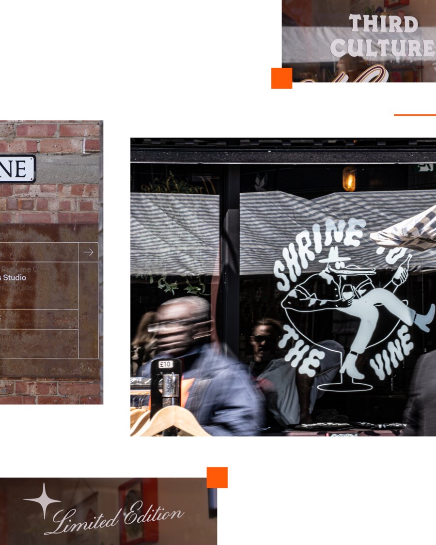 Three more windows: a Third Culture shopfront, the Shrine to the Vine glass with people blurred as they pass, and Limited Edition written in a fine script beside a four-pointed star.