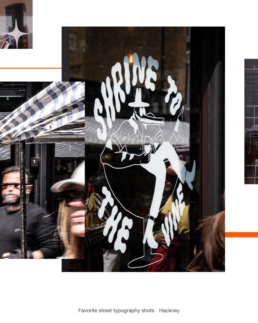 A bar window lettered Shrine to the Vine in soft rounded capitals around a drawing of a figure in a wide hat riding a fish, with people passing in front of the glass.