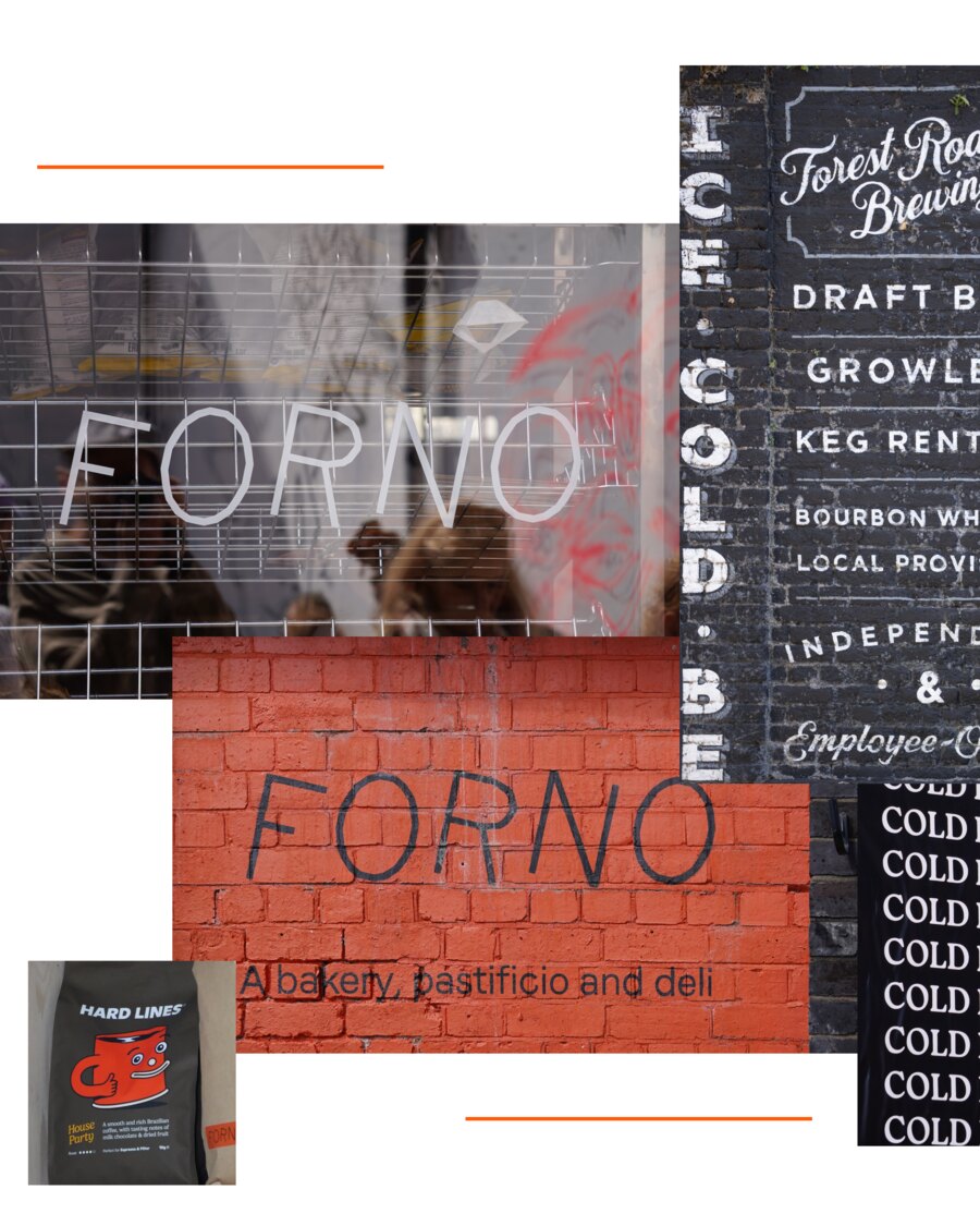 Forno lettered twice, once on glass and once in thin capitals across a red brick wall above the line a bakery, pastificio and deli, beside a black wall painted for Forest Road Brewing listing draft beer, growlers and keg rental.