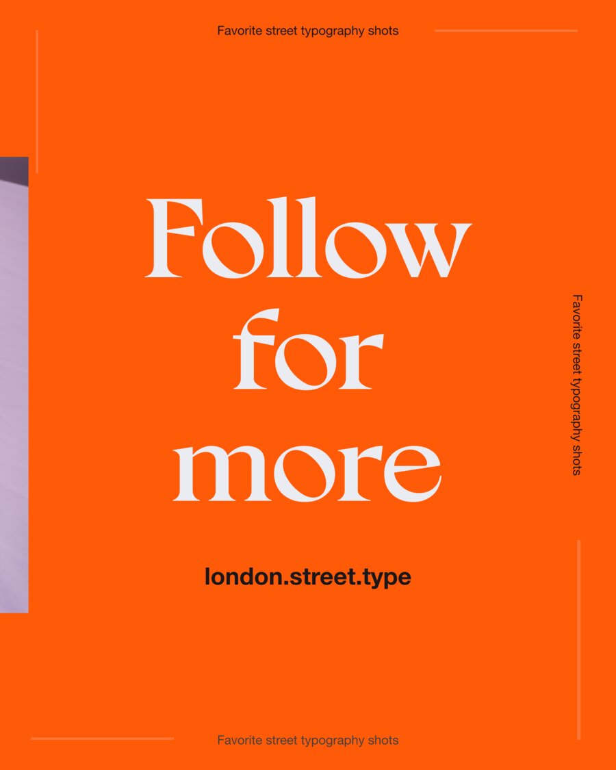 End card of the carousel: Follow for more set in large white serif on orange, with the handle london.street.type beneath it.