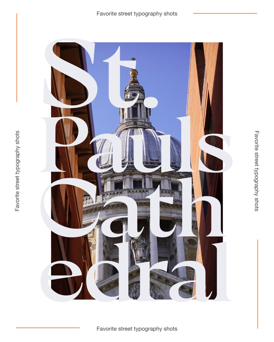 Title card of the carousel: St Paul&rsquo;s Cathedral set in large white serif over a photograph of the dome seen between two buildings.