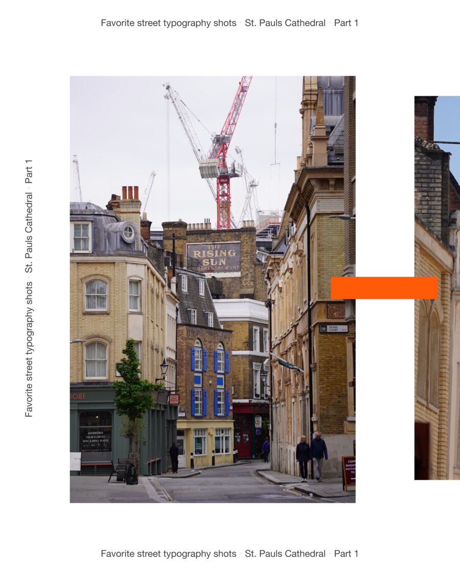 A street running toward St Paul&rsquo;s, construction cranes above the rooftops and the Rising Sun pub on the corner.