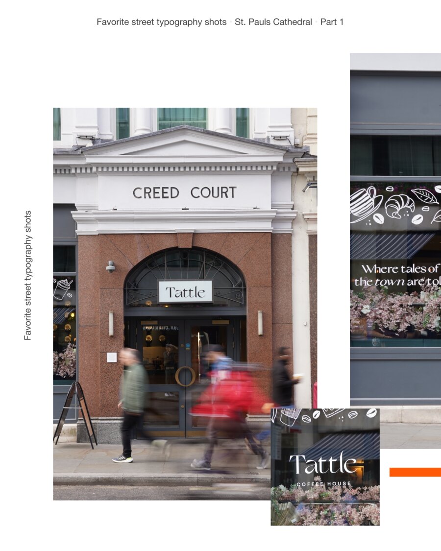 A stone portico lettered Creed Court, with a Tattle coffee house sign beneath it and people passing in a blur.
